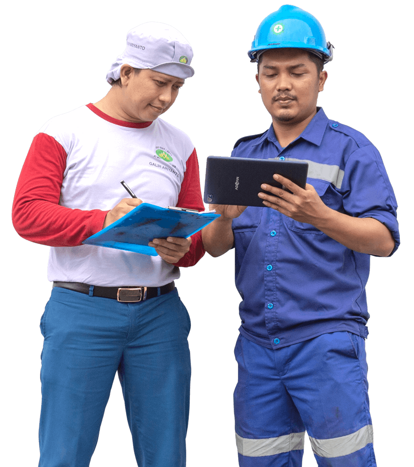 Two male industrial workers collaborating, one holding a clipboard and the other looking at a tablet