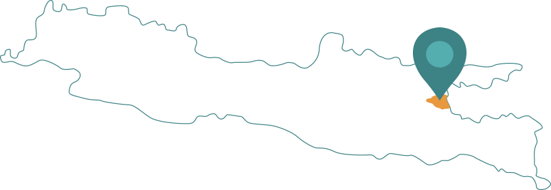 Map of Java island with a location pin indicating the factory location in Krian, Sidoarjo