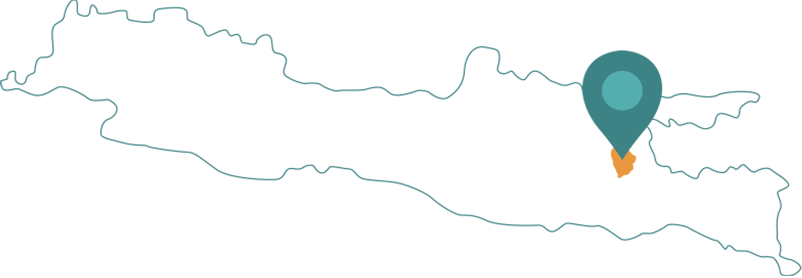 Map of Java island with a location pin indicating the factory location in Mojokerto